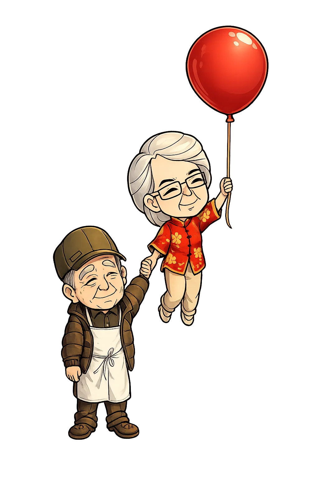 Cartoon illustration of Grandpa Bill and Grandma Christine with a red balloon
