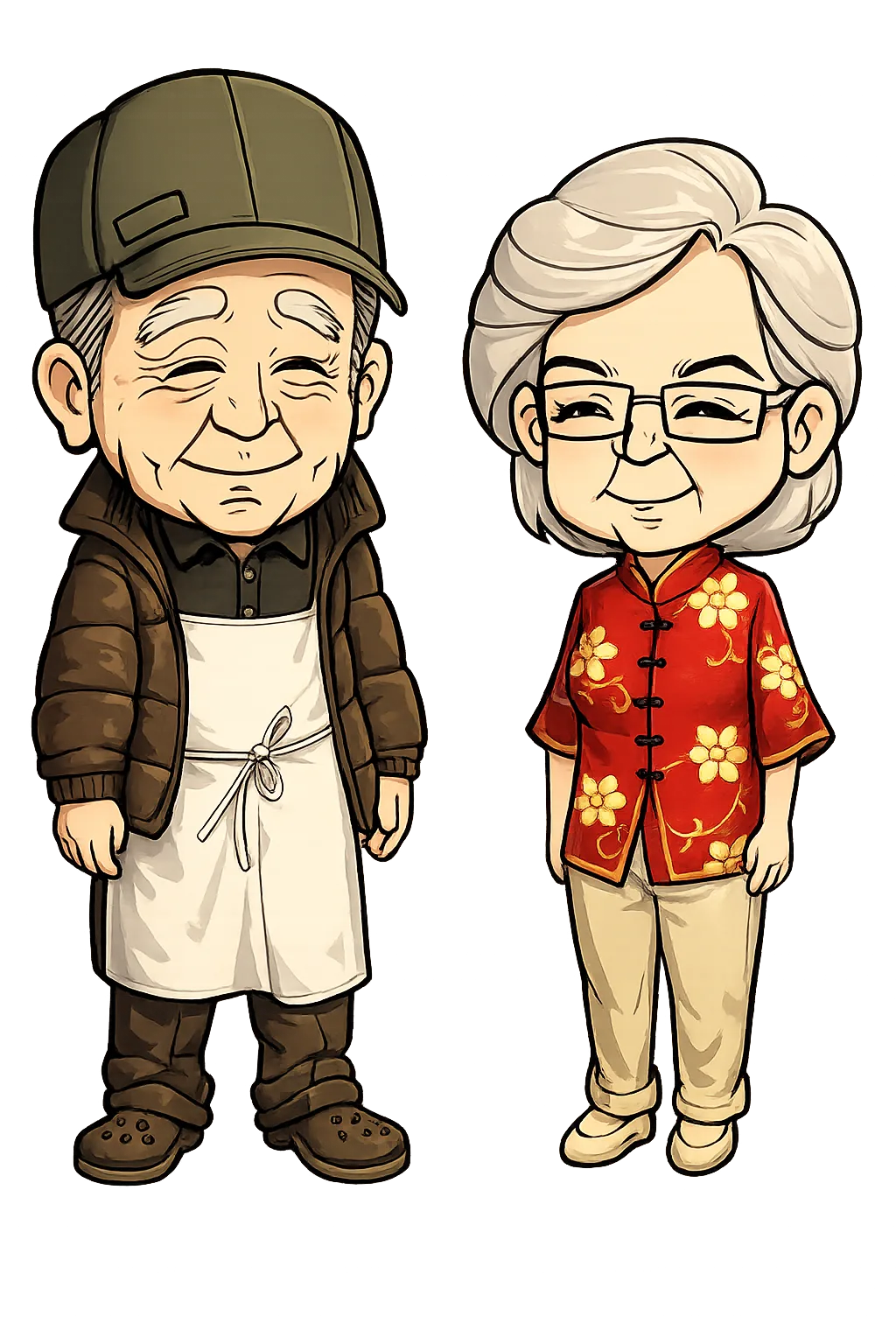 Cartoon illustration of Grandpa Bill and Grandma Christine, the founders of Dragon Palace