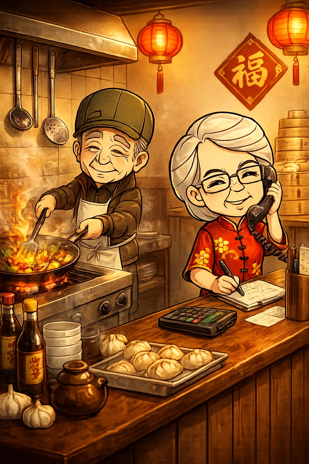 Cartoon illustration of Bill cooking on the wok while Christine takes phone orders