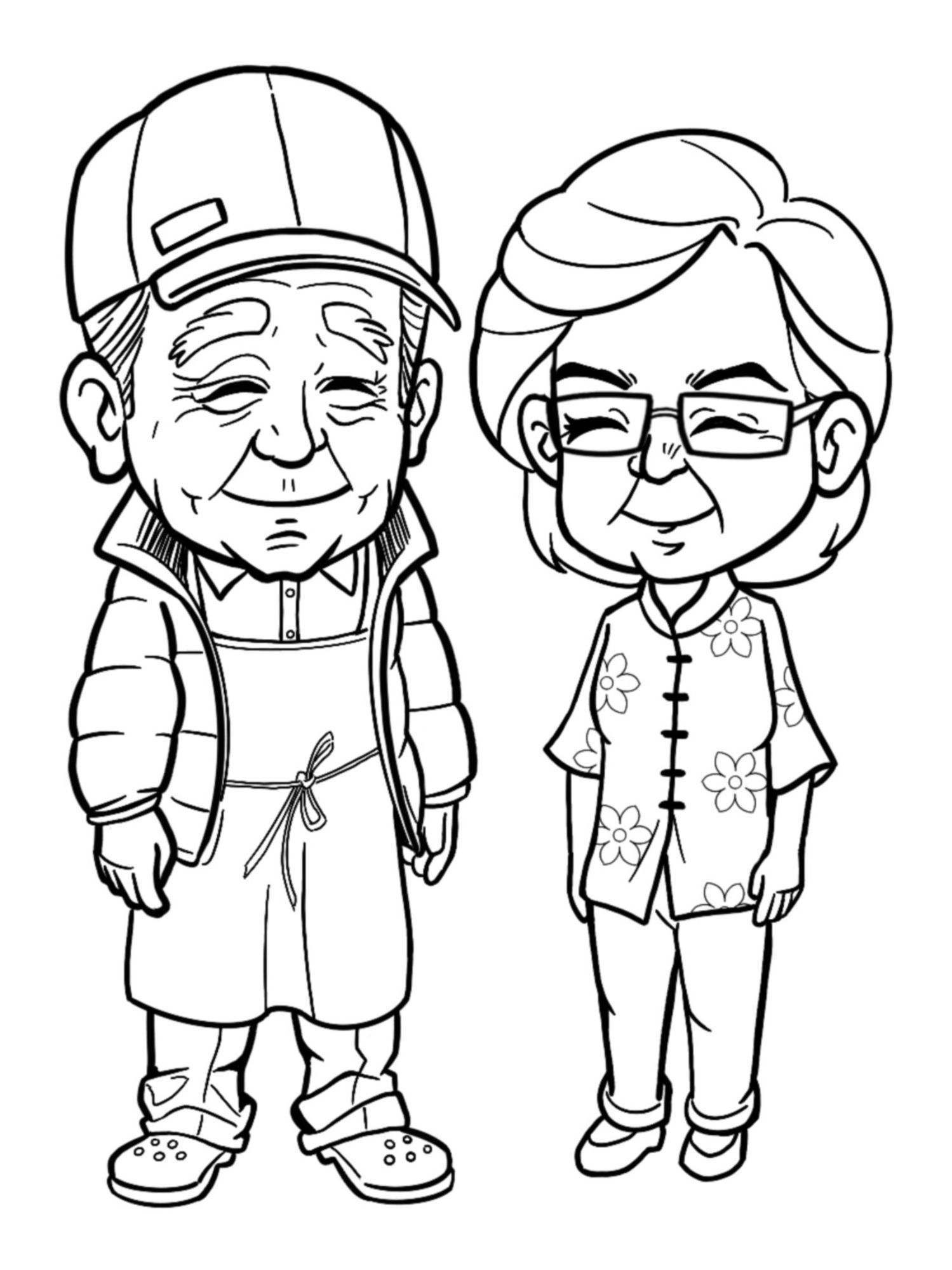 Cartoon illustration of Grandpa Bill and Grandma Christine, the founders of Dragon Palace